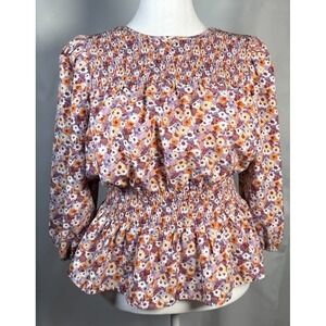 Pleione Anthropologie Floral 3/4 Puff Sleeve Smocked Peplum Blouse, Boho, Sz L